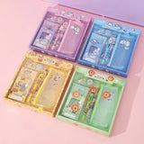 8pcs-in-one Cartoon Stationery Kit Included Correction Tape Ruler Set 6-color Ballpoint Pen  Mesh Pouch Pencil Case Storage Bag