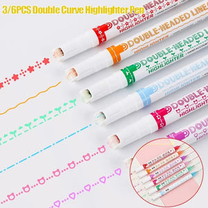 Double Pen Tip Curve Line Highlighter Pen Creative Flower-shaped Curve Line Marker Student School Supplies Stationery 1/3/6PCS